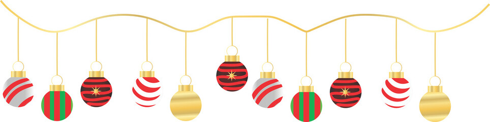 Striped Christmas ornaments garland hanging on gold string isolated on white background