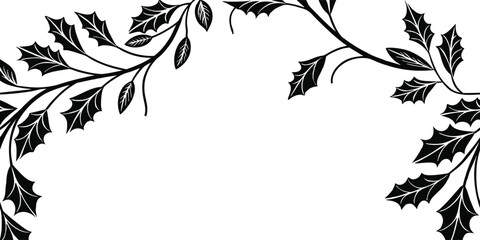 Elegant holly leaf border  with detailed black foliage. Decorative botanical frame perfect for winter, holiday, and festive designs. Clean, simple, and versatile artwork. 