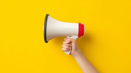 The hand holds a megaphone on a yellow background. Empty space for the text. The concept of ads and advertisements.