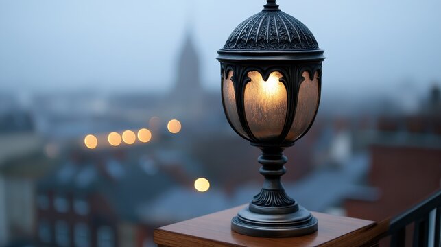 Ornate miniature pewter lamp with city landscape in background