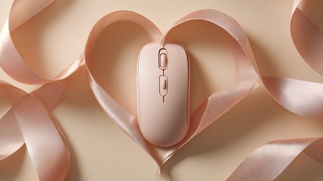 Pale pink computer peripheral rests centered within a heart shape formed by flowing satin ribbon - Powered by Adobe