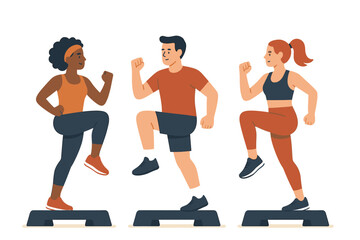Group aerobic exercise with people performing step workout in flat style