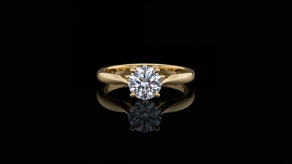 A gold ring with a large diamond on a black background.