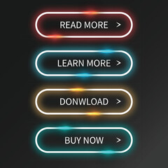 Neon-style buttons with text and arrows, perfect for website design and user interface elements.