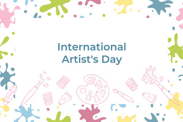 International Artist Day vector illustration featuring art supplies like brushes, palettes, and colorful paint splashes