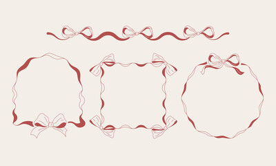Set of ribbon frames with bows. Simple minimal line art borders for cards, invitations and decor.