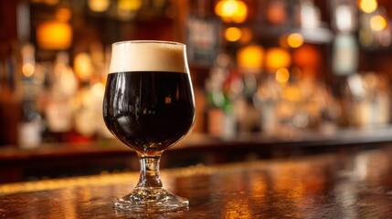 Elegant glass of dark stout beer with creamy foam against a blurred bar background, showcasing a rich, inviting atmosphere for drink enthusiasts