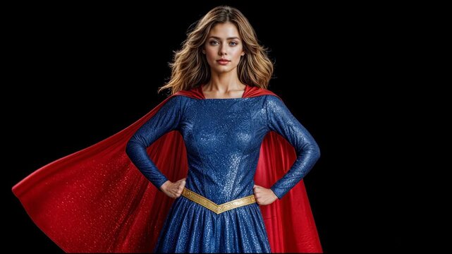 A powerful female superhero showcases bravery and strength in a vibrant blue costume with a red cape. She strikes a heroic pose, embodying confidence and determination.