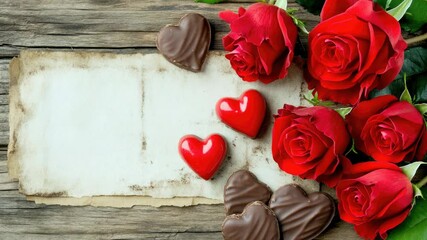 A bouquet of red roses and assorted chocolates placed on a wooden table, perfect for romantic occasions or as a thoughtful gift