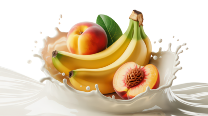Fresh Bananas and Peach With Milk Splash Isolated on Transparent Background Symbolizing Healthy Eating And Natural Sweetness Ideal For Nutrition Promotions