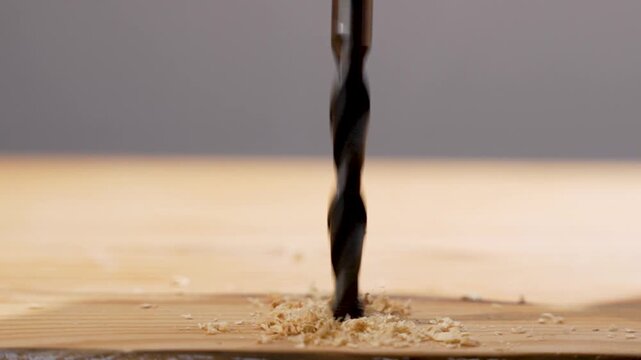 Twist drill bit cuts into softwood and throws fresh shavings around the hole. Close-up footage of precise woodworking in action.