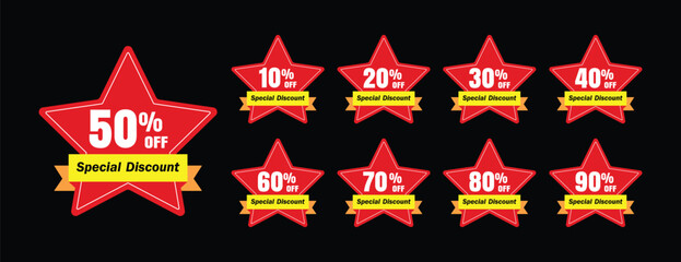 10%, 20%, 30%, 40%, 50%, 60%, 70%, 80%, 90% off discount badge set. Sale tags set vector badges template. Special discount price sign. Star badge shape. Vector illustration.
