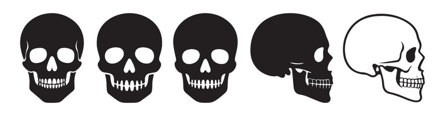 Set of Human Skull Silhouettes and Outline Icons in Front and Side Views for Graphic and Design Use