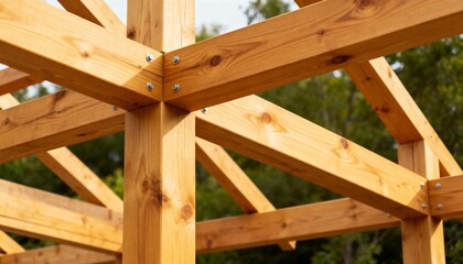 Obraz premium Medium shot of sturdy pine timber frame construction showcasing natural grain and smooth finish highlighting ecofriendly sustainable building methods.