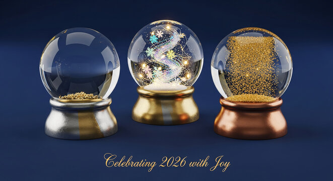 Three snow globes on dark blue background. One with snowflake, another with gold glitter, and last one with gold detail. Concept for celebration, festive mood