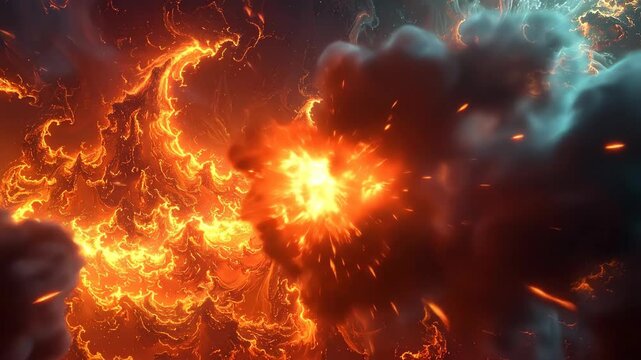 Fiery Nebula Formation: Dynamic Orange Plasma and Ethereal Blue Cloudscape in Space