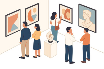 Art gallery visit with people observing abstract and modern paintings