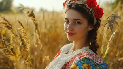 Slavic woman with red flower crown standing in traditional attire in a golden field. Portrait of a young 20s lady in a rural harvest setting. Beautiful pretty girl wear tradition clothing. - Powered by Adobe