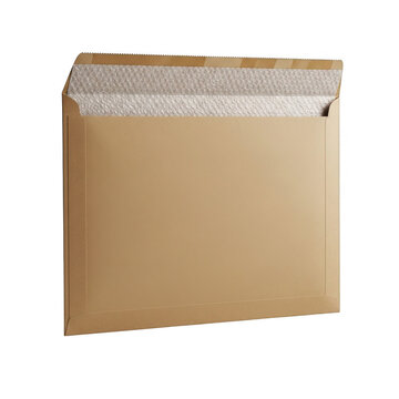 Open brown kraft paper padded envelope with bubble wrap lining isolated on transparent background