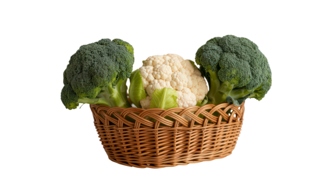 Fresh Cauliflower and Broccoli in Woven Basket on Transparent Background Symbolizing Healthy Eating and Organic Produce for Promoting Farm to Table Lifestyle