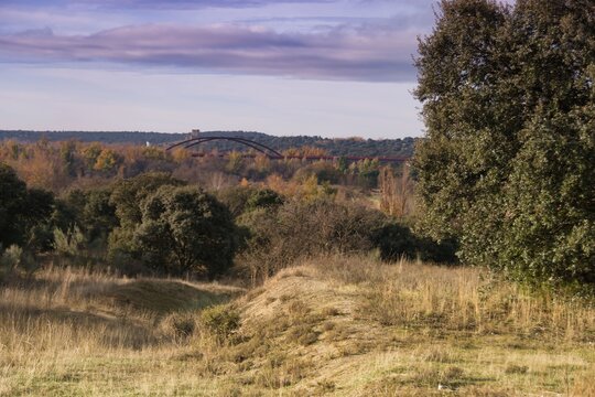Scenic landscape featuring a bridge surrounded by autumn foliage and rolling hills in a serene countryside setting