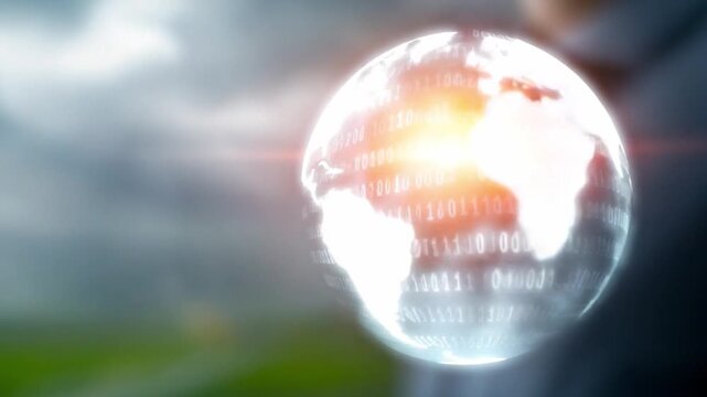 Global Digital Blueprint: A person holds a digital globe illuminated with binary code, symbolizing interconnectedness, technology, and the digital era.