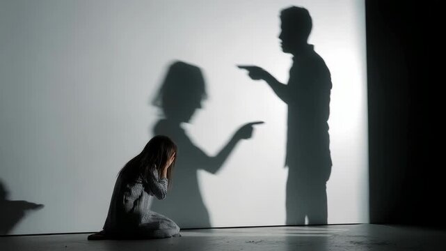 Distressed woman covering face on floor as shadows of arguing couple point fingers, symbolizing domestic dispute and blame.