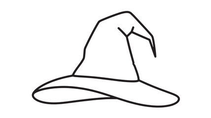 a simple black and white line drawing depicts a classic witch s hat featuring a pointed crown and a wide slightly curved brim isolated Halloween