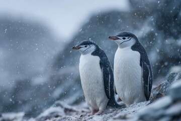 Fototapeta premium Penguins Standing Together in a Snowy Landscape During a Winter Storm