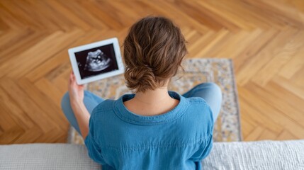 Woman holding tablet, ultrasound image, expectant mother, modern technology, indoor setting, comfortable living room, personal space