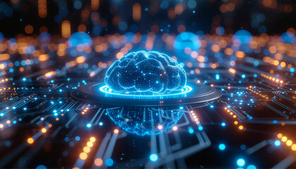 Abstract visualization of a glowing blue artificial intelligence brain on a circuit board with digital data streams.