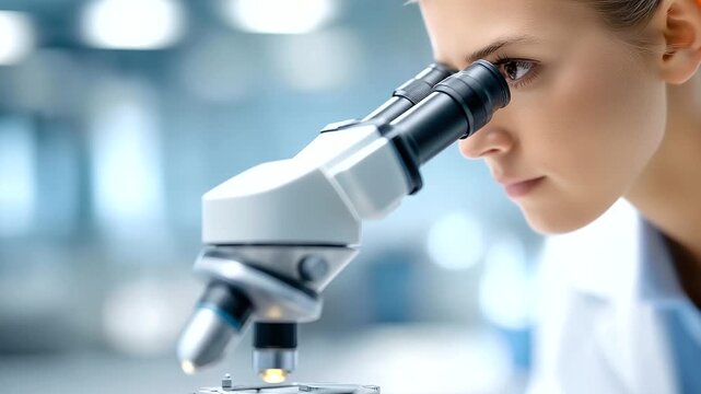 Scientist in laboratory with microscope defocused research background, faceless lab coat work, high-tech visualization detail, blurred foreground, medical research concept, scienti