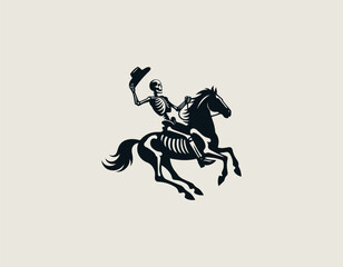 Obraz premium lack silhouette illustration of a skeleton rider on a galloping horse, holding up a cowboy hat.