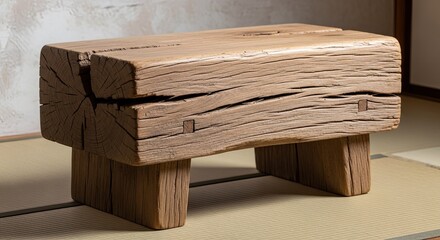 Vintage wooden stool made from solid wood resting on a tatami mat floor showcasing the rustic