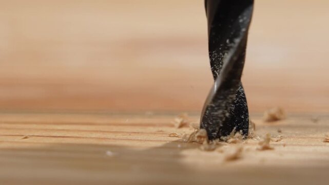 Flat wood drill bit touches down and starts cutting, scattering fine chips. Extreme close-up captures the cutting edge and vibration.