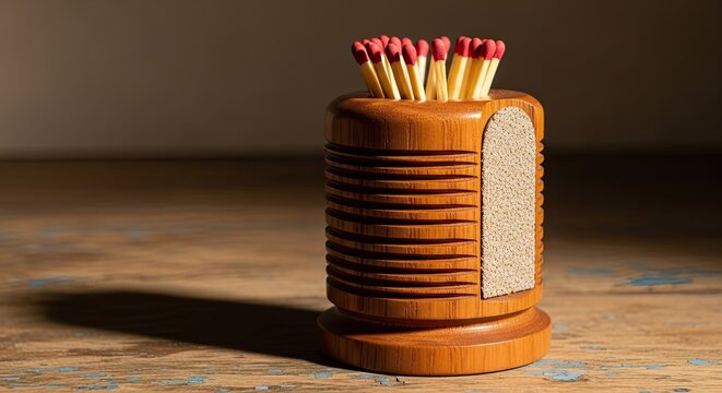 Vintage wooden match holder with matches on rustic wooden table, artistic display reminiscent of