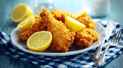 Crispy fried poultry pieces served with fresh lemon wedges on a patterned cloth
