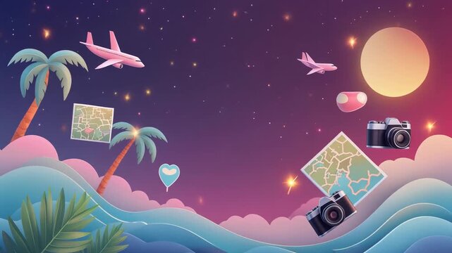 Summer adventure background with maps planes waves palm leaves camera icons softly moving in harmony