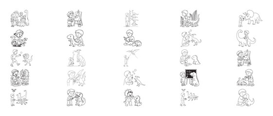 Children and dinosaurs in line art illustrations girl