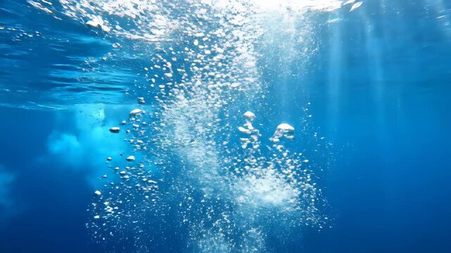 Underwater bubbles rising from the deep blue ocean create a sense of movement and wonder