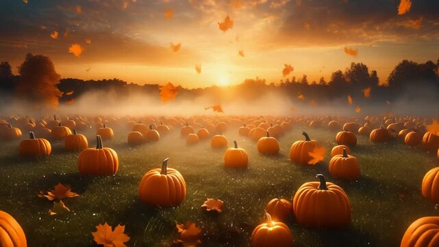 Autumn pumpkin patch at sunset glowing pumpkins on dewy grass creating warm seasonal harvest landscape