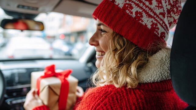 Woman driving car with gift, smiling, wearing red sweater and hat.