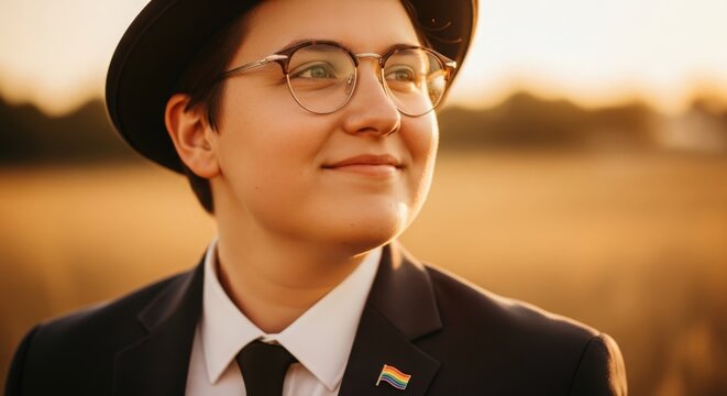 Young person in hat and suit with rainbow flag pin looking ahead - Powered by Adobe