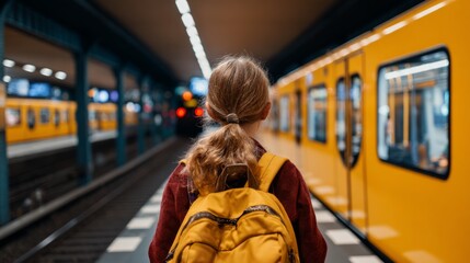 Girl at train station with yellow train.