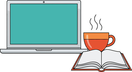 A digital illustration of an open laptop with a blank screen a steaming mug of coffee or tea and an open book symbolizing learning work and relaxation