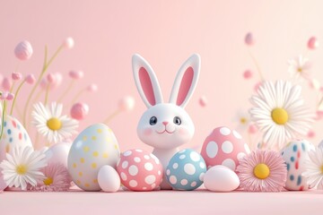Fototapeta premium Lovely Easter illustration with baby bunny, colorful eggs and spring flowers on a pastel pink background