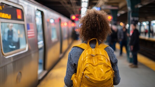 Person at subway station with backpack.