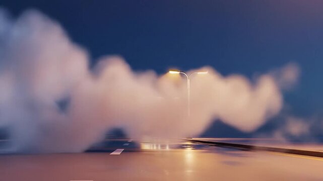 Dreamlike night scene with streetlights, mist, and reflective road