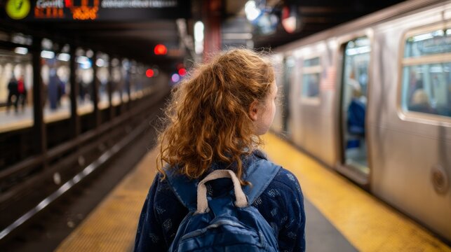 Woman at subway station, waiting for train.