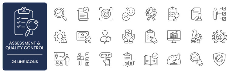 Assessment and Quality Control Line Icon Set with Editable Stroke. Collection of audit, evaluation, compliance, inspection, risk management, accreditation, validation, and regulation symbols.